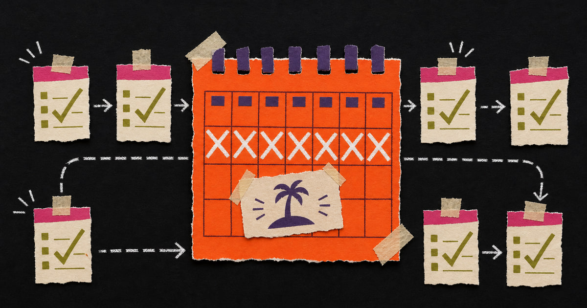 A paper calendar with the holiday week crossed out, while the checks keep running around it.