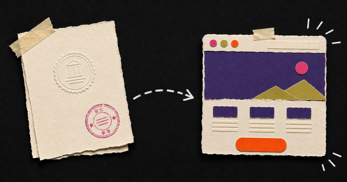 A paper registration document with a seal and a stamp, next to a first simple website.