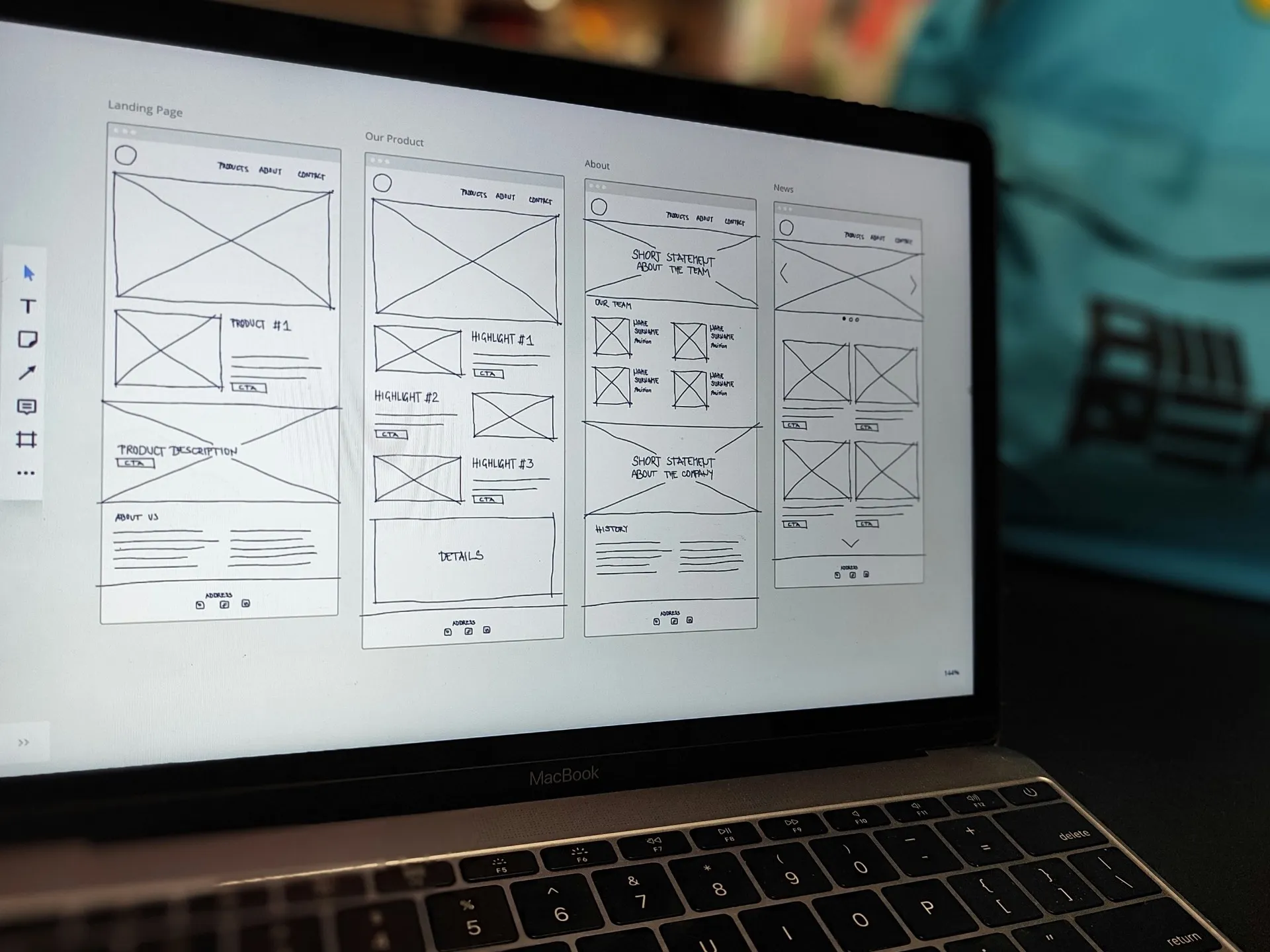 MacBook screen showing four hand-drawn website wireframes labeled Landing Page, Our Product, About and News