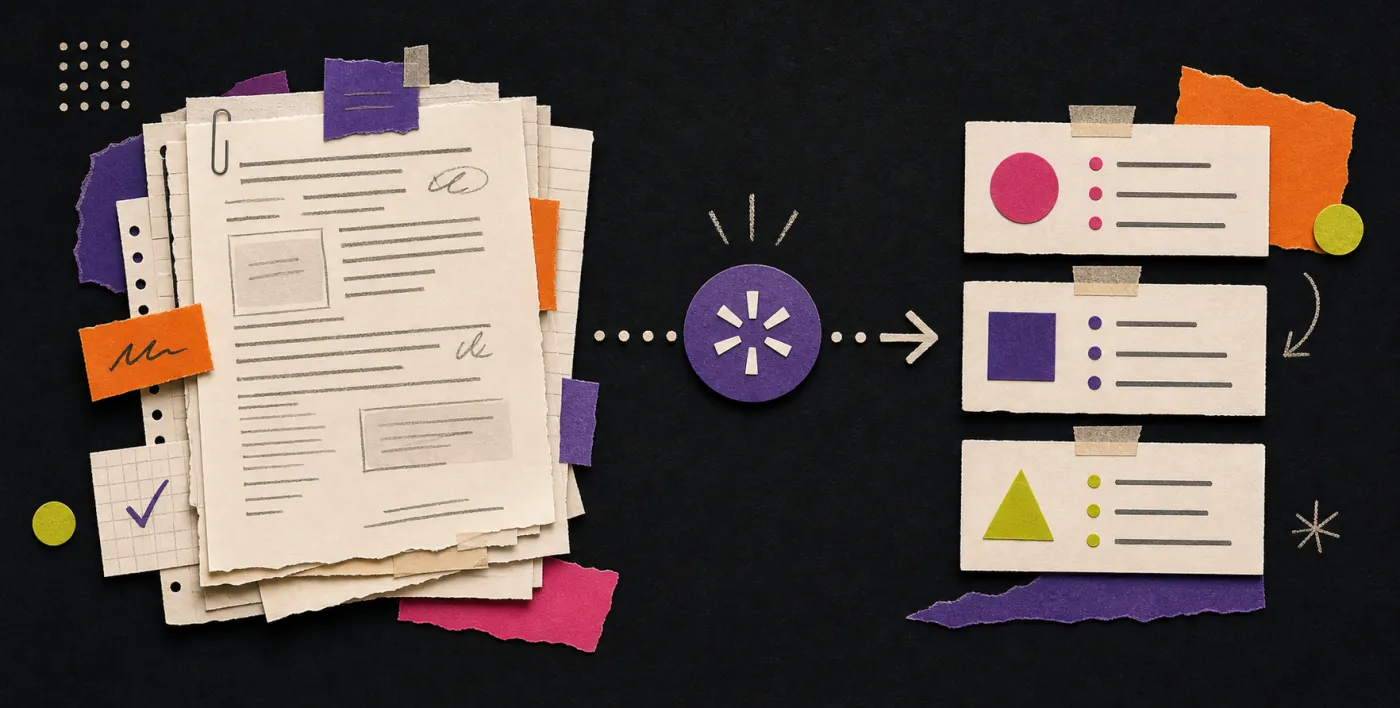Paper-craft illustration of long documents becoming concise AI summary cards
