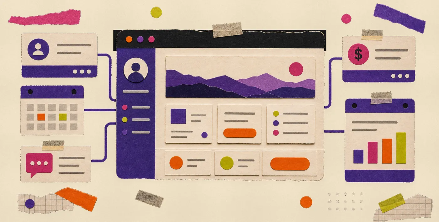 Paper-craft illustration of a custom app dashboard connected to useful business tools