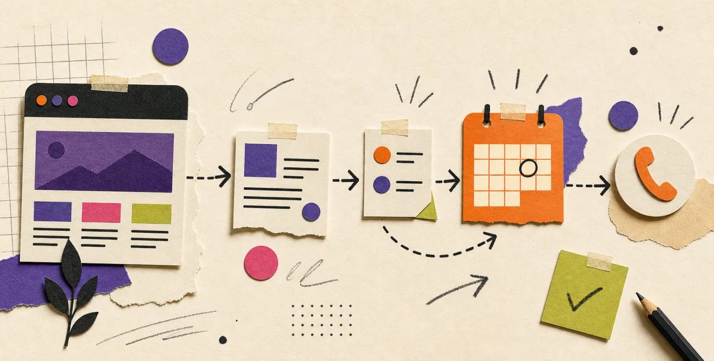 Paper-craft flow diagram: website to enquiry form to notes to calendar to phone call