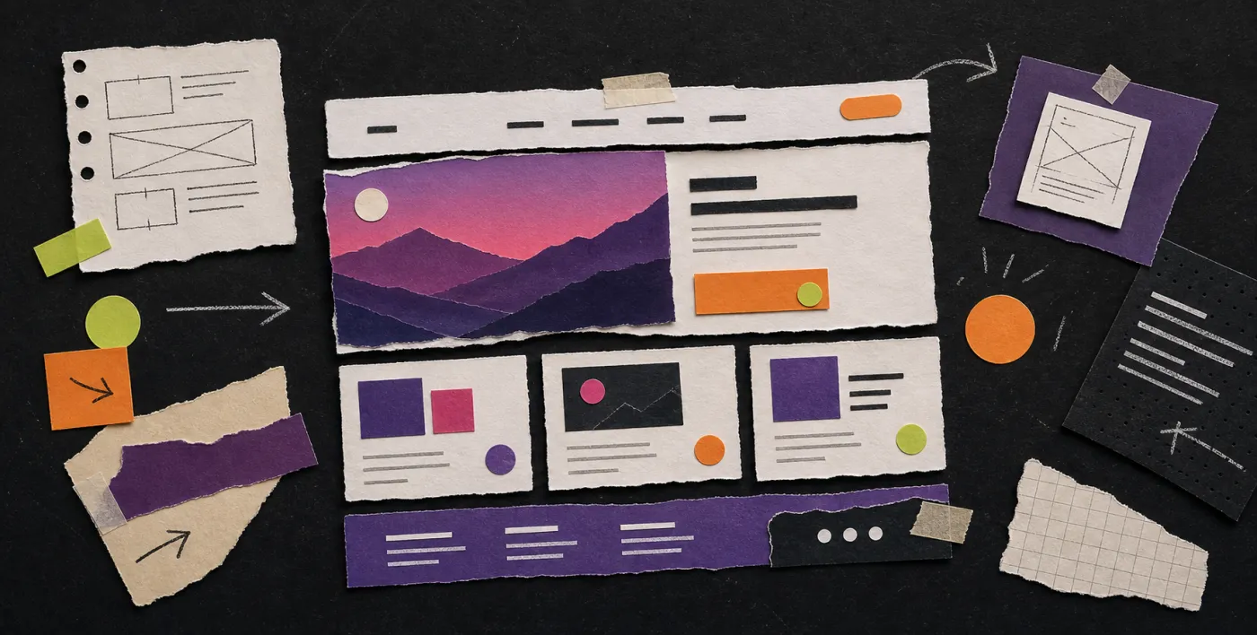 Paper-craft mockup of a modern website surrounded by wireframe sketches on a dark background
