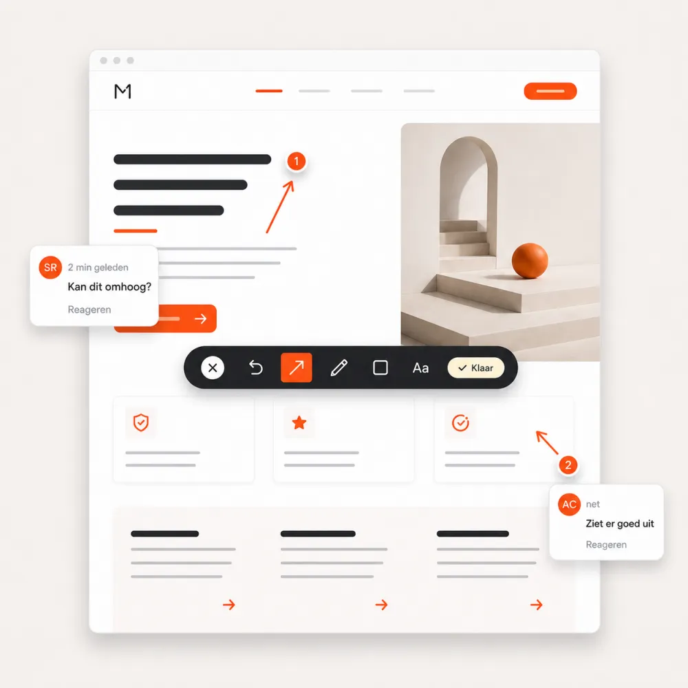 Nieuwe website in de browser met feedbackopmerkingen en annotatietools