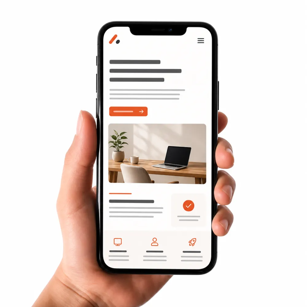 Hand holding a phone showing a launched website interface