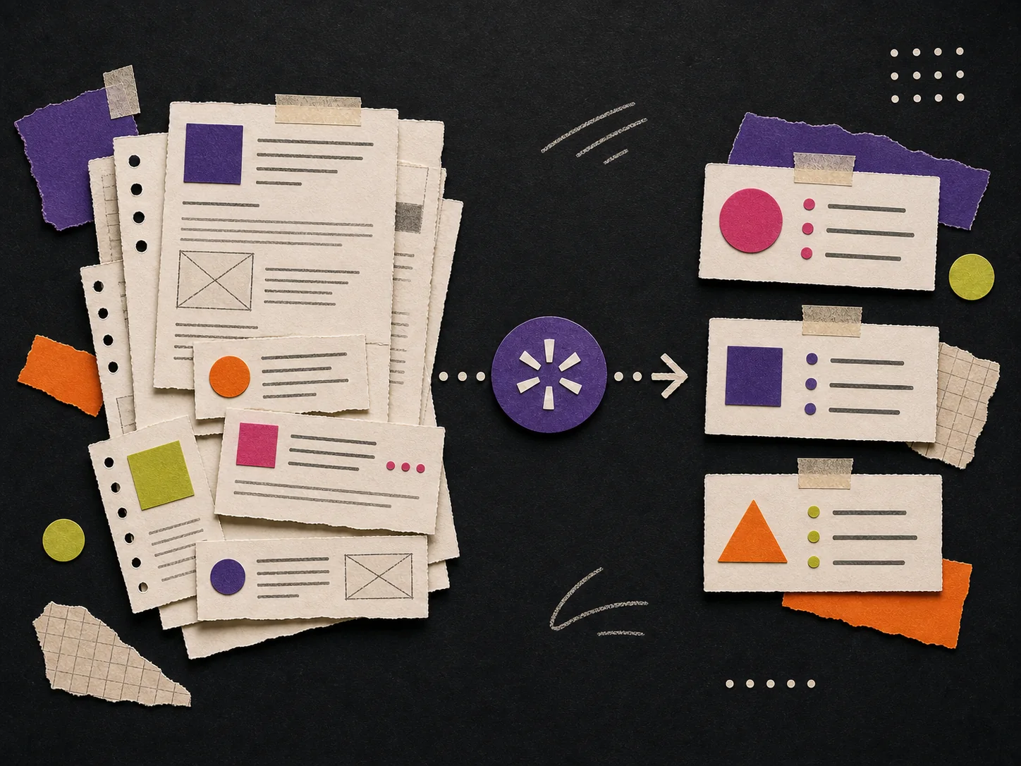 Paper-craft documents and enquiries turning into clear AI summary cards