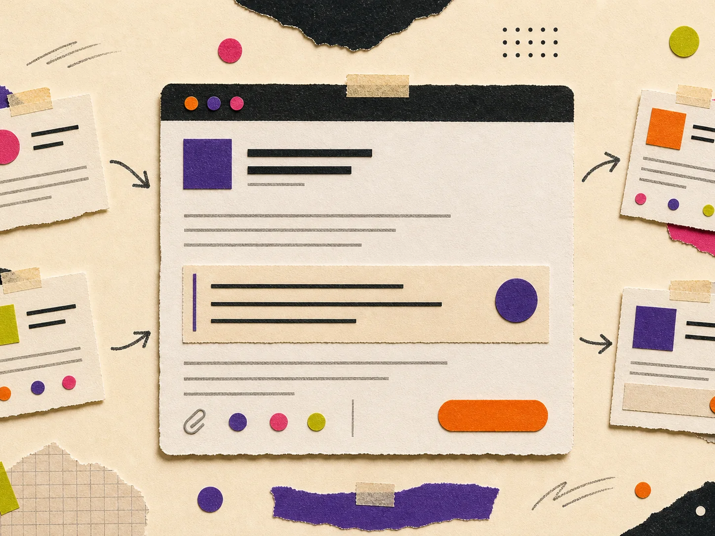 Paper-craft email editor with a quiet AI suggestion card