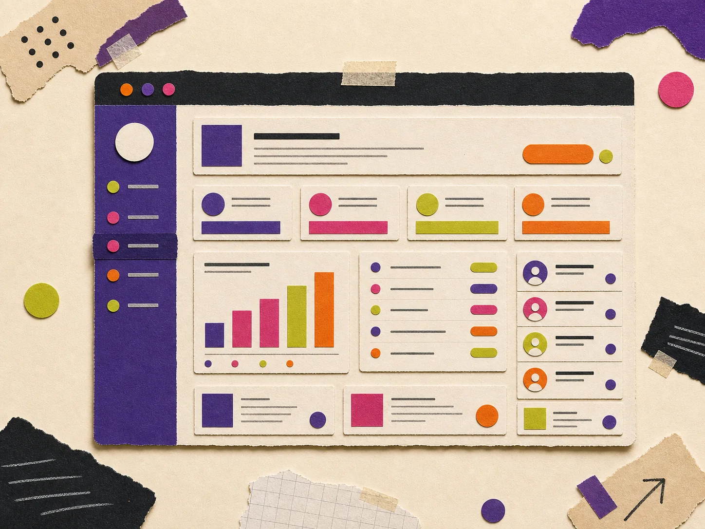 Paper-craft custom app dashboard with tasks, charts and customer cards