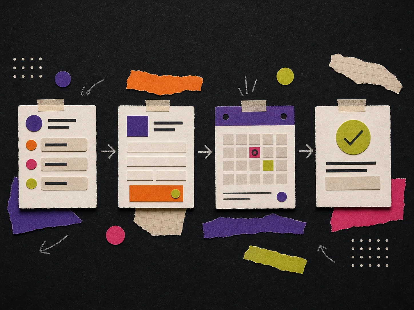 Paper-craft booking flow from option selection to confirmation