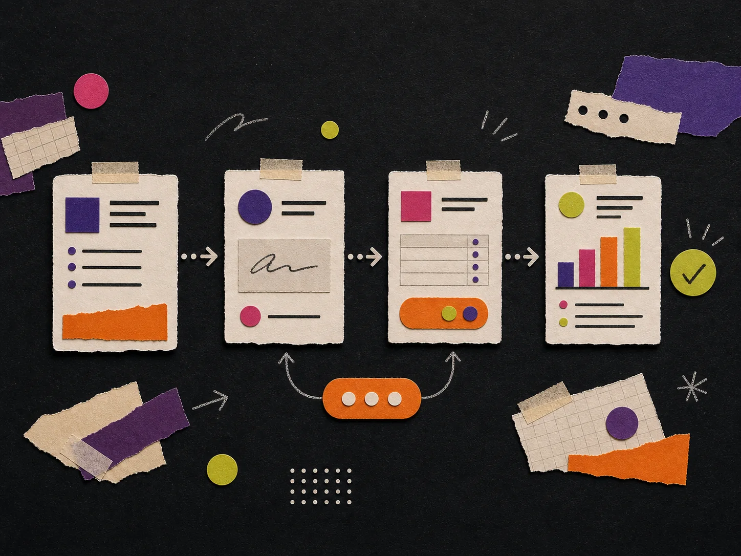 Paper-craft workflow connecting quote, signature, invoice and reporting cards
