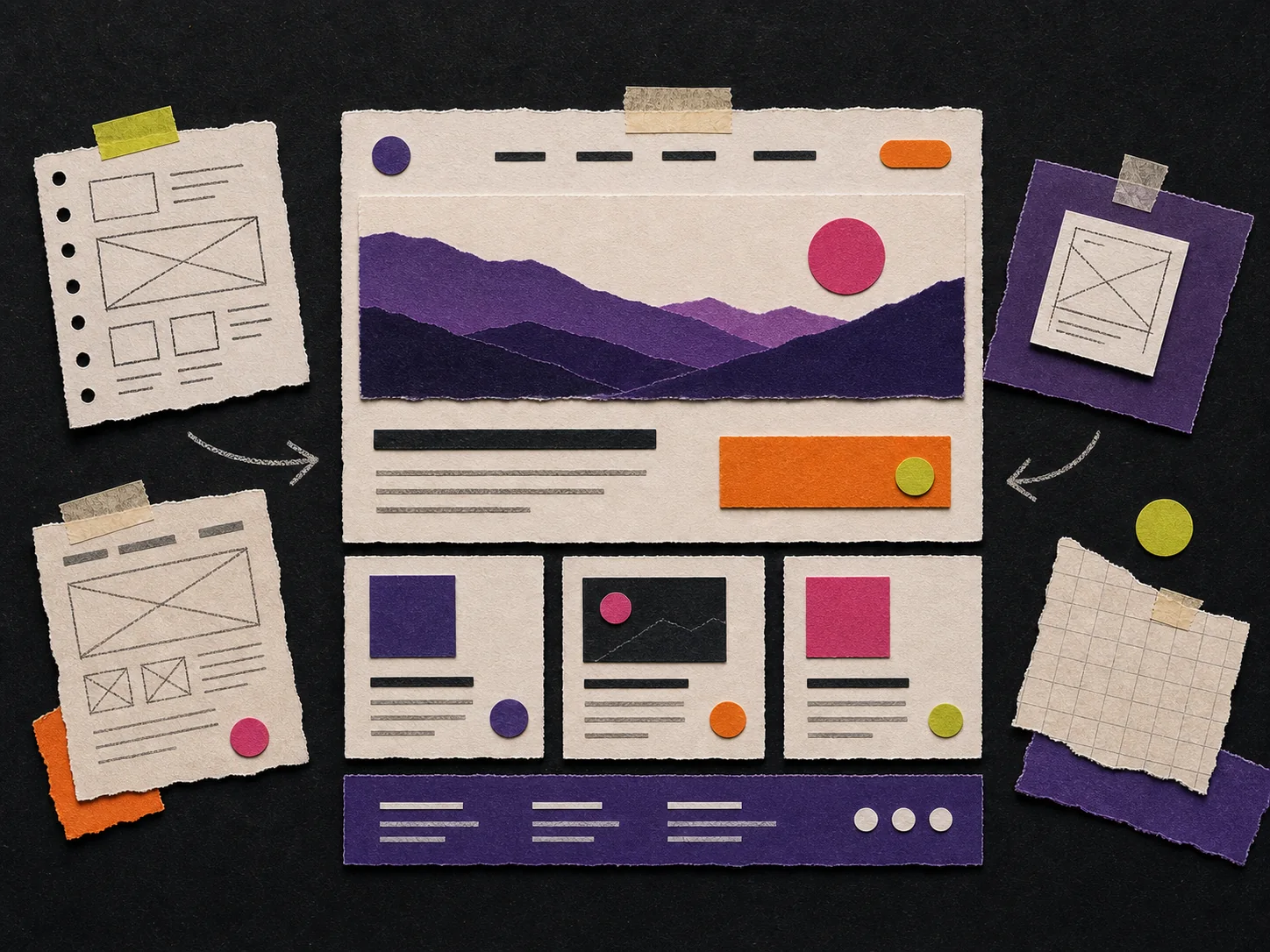 Paper-craft website layout turning rough sketches into a finished page