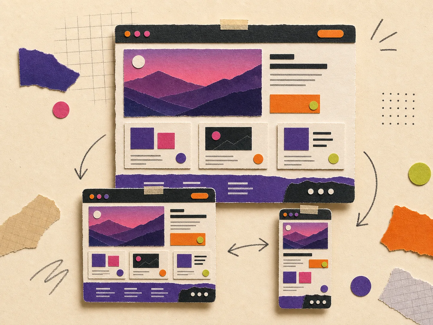 Paper-craft responsive website shown across desktop, tablet and phone